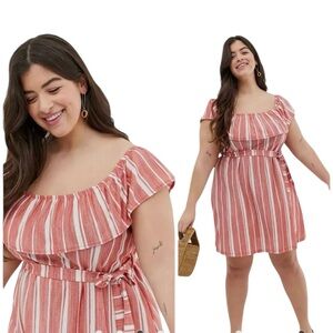 ASOS Striped Dress Off-the-shoulder Neckline Tie Waist Size 22